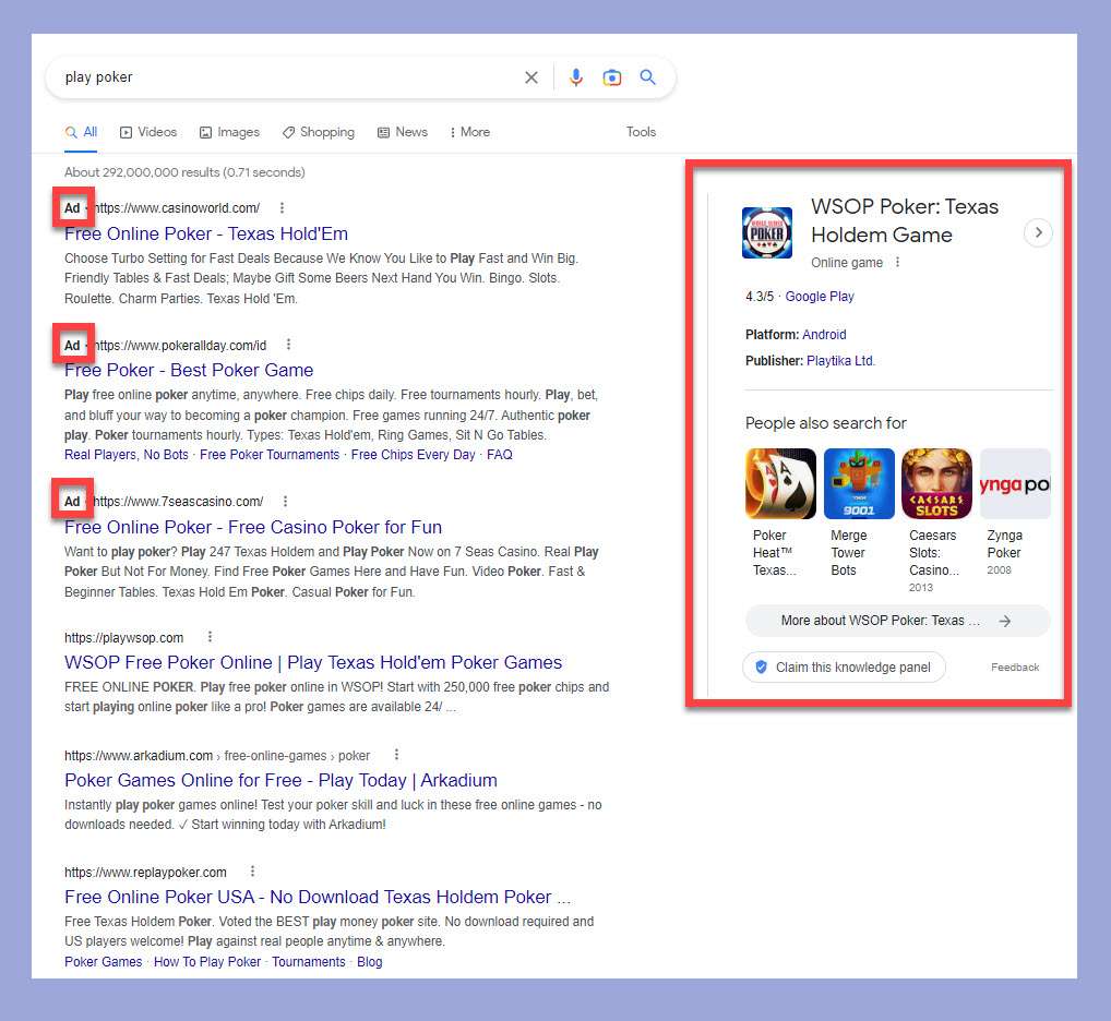 'Play poker' SERP s،wing a Knowledge Panel and Google Ads