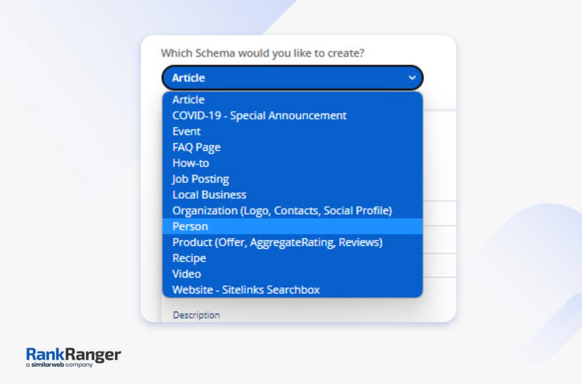 Rank Ranger free schema markup tool dropdown menu