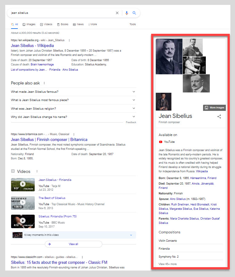 Google SERP showing a knowledge panel for the term 'jean sibelius'