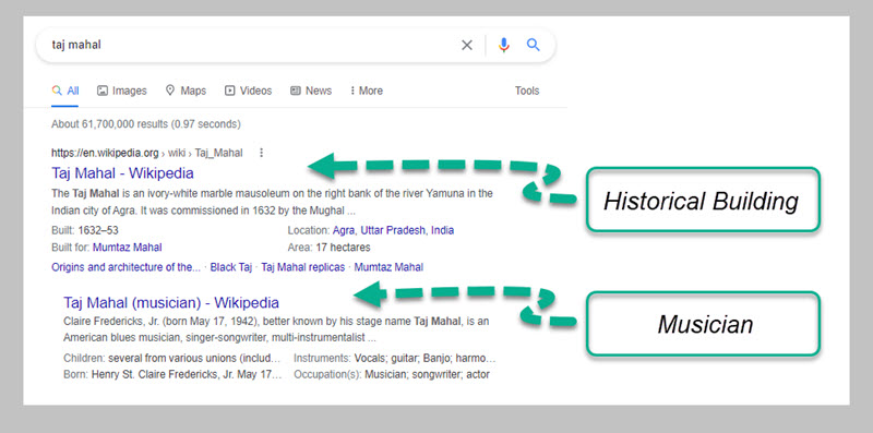 Google SERP for the term 'Taj Mahal'