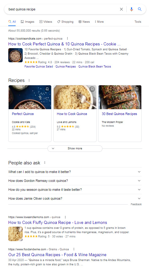 Google SERP pour « meilleure recette de quinoa »