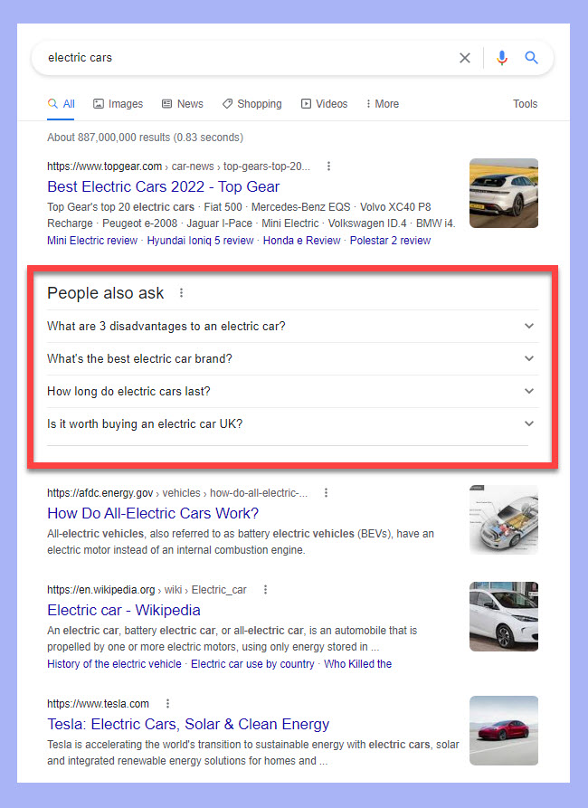 Google results page for the term 'electric cars'