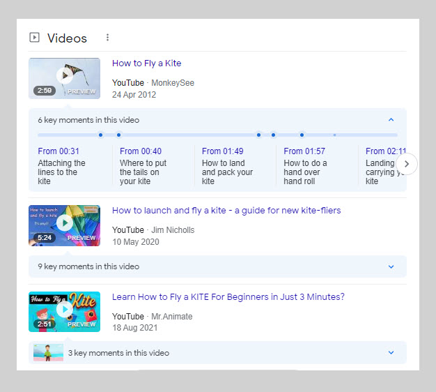 Video Box on the 'fly a kite' Google SERP