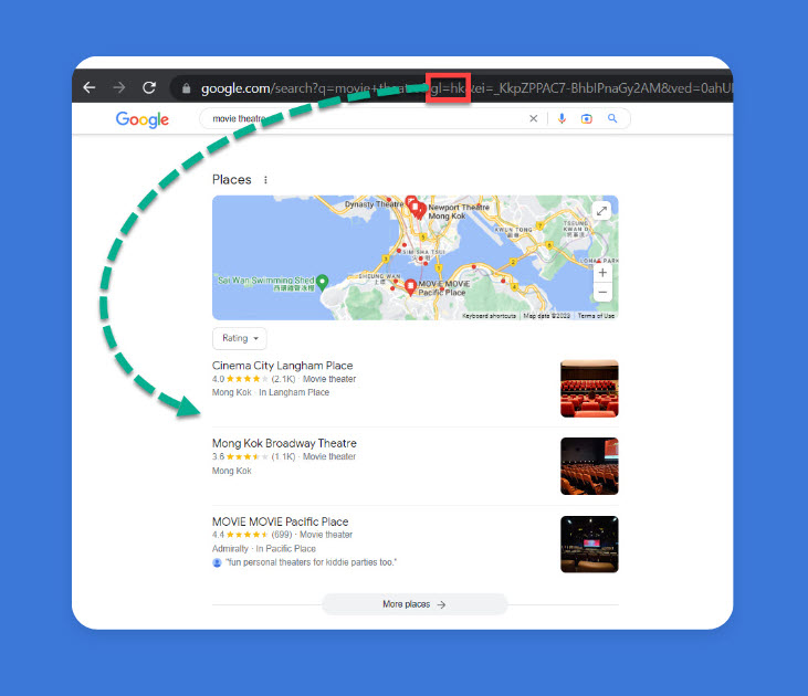 Google displaying a local pack featuring results from Hong Kong