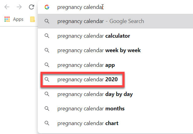 Google Suggest showing terms for 'pregnancy calendar'