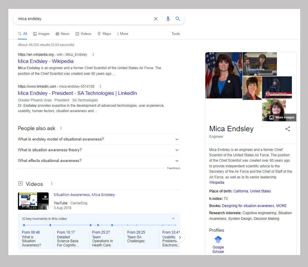 Google SERP for the entity Mica Endsley