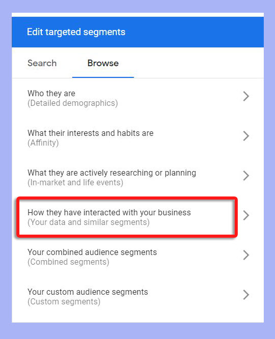Google Ads targeting showing the remarketing option 