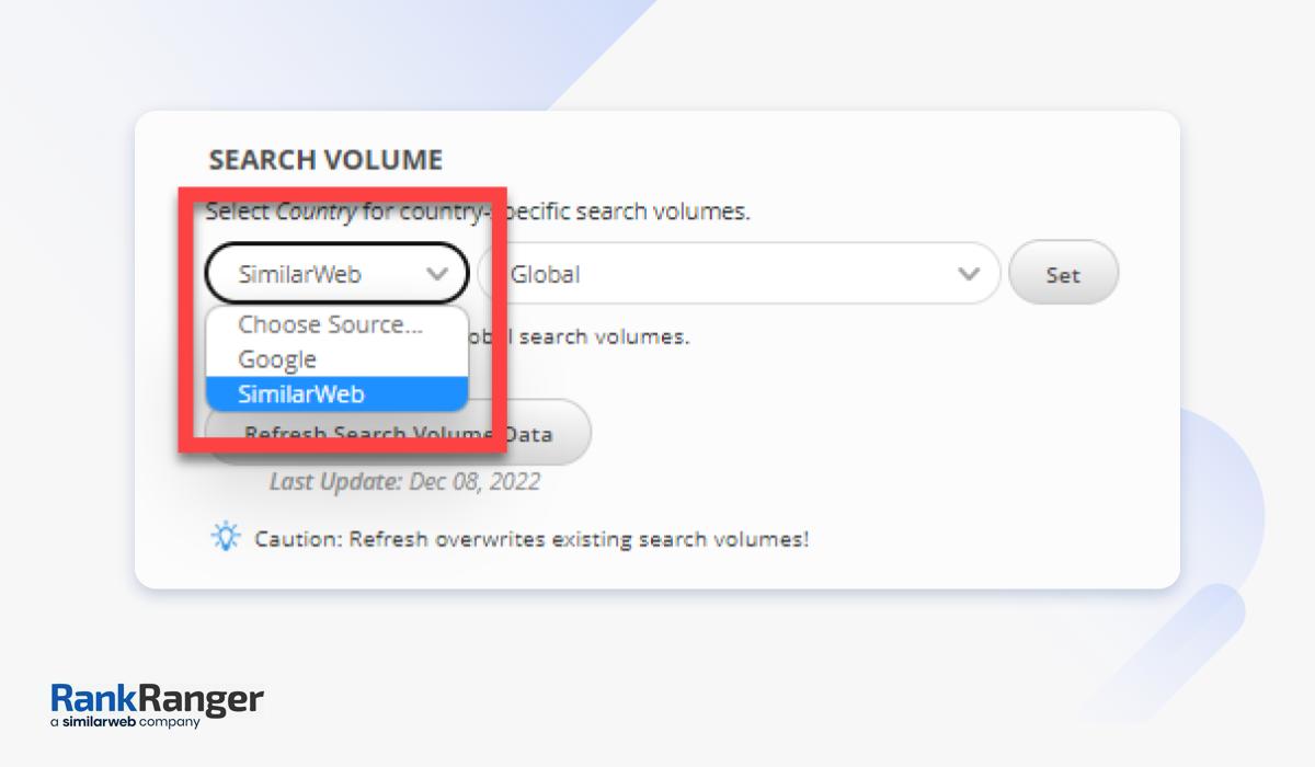 Search volume dropdown menu