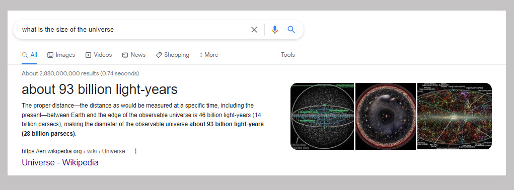Featured Snippet explaining the size of the universe