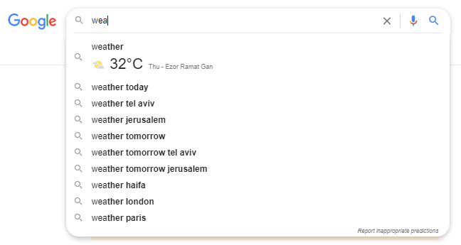 Google showing the weather in Autosuggest