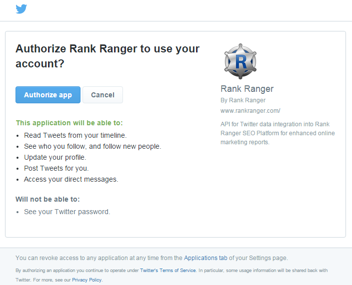 Authorize Rank Ranger Twitter App