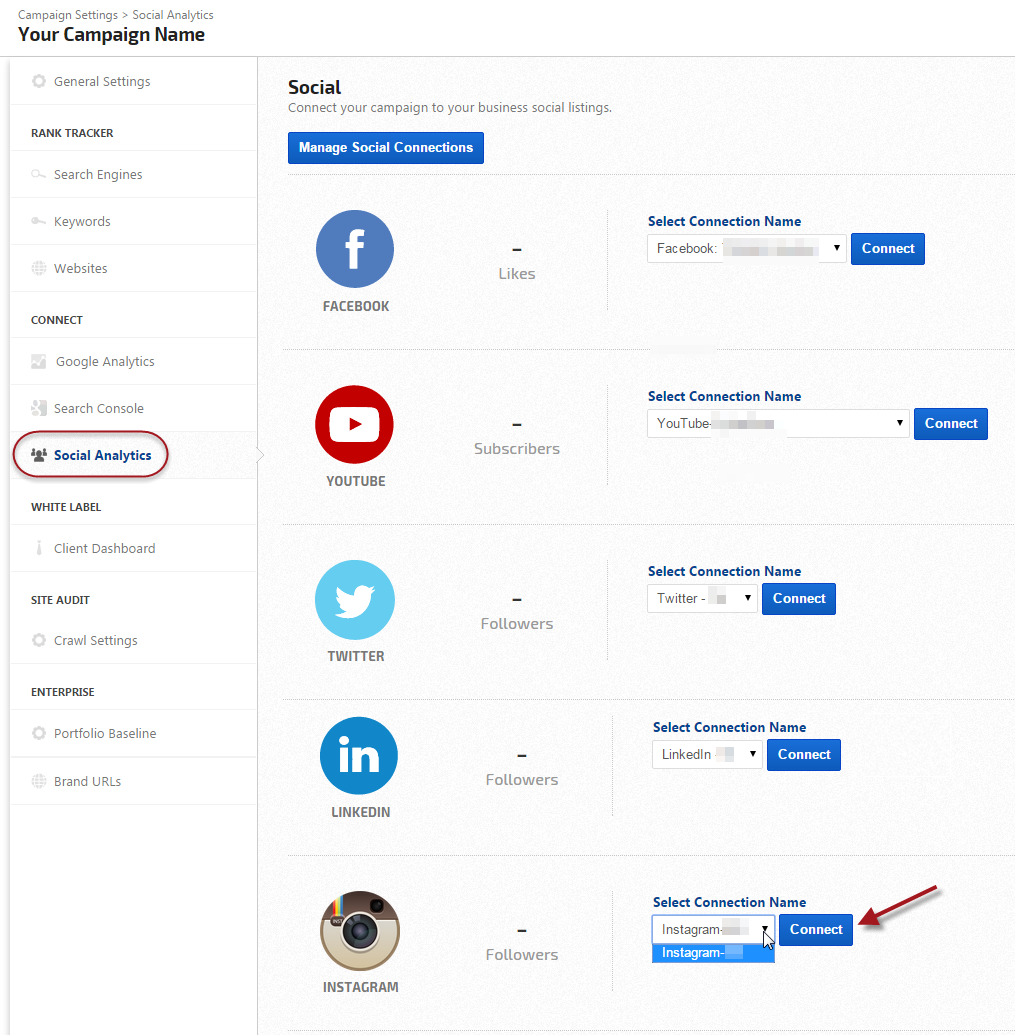 connect instagram to rank tracking campaign - instagram analytics tracking followers
