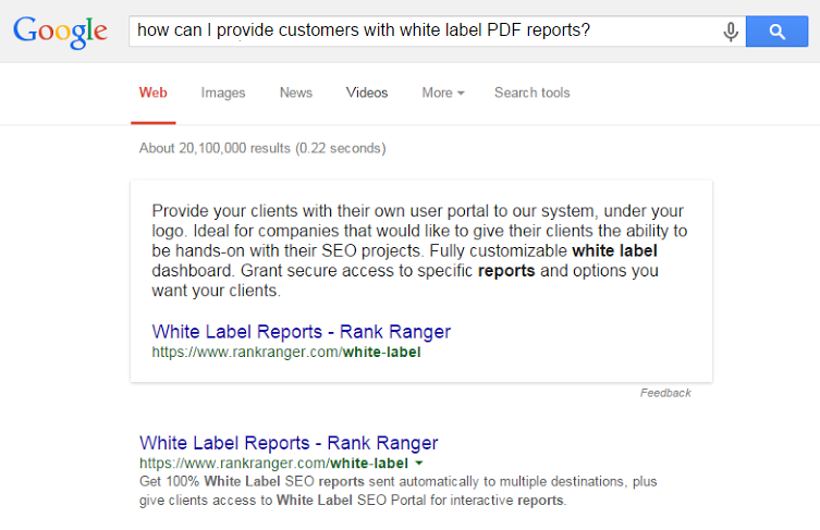 Google Answer box results noted in rank tracking report