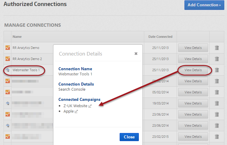 Webmaster Tools connected campaigns