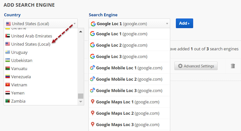 Local Search Engine Settings 