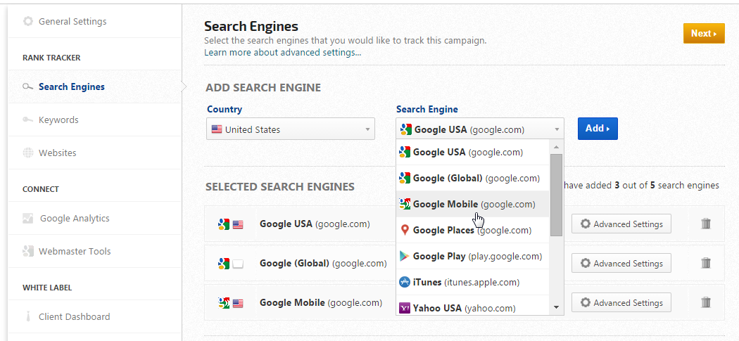 Google Mobile search engine settings