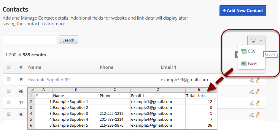 download CSV or Excel formatted Contacts list