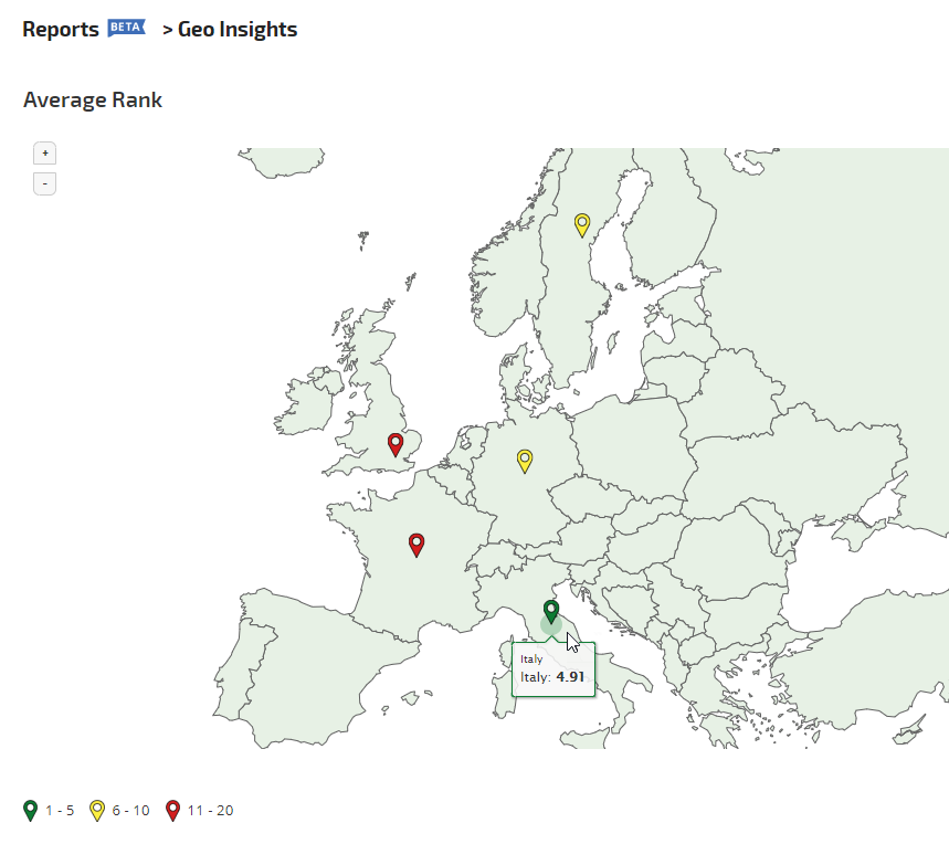 Custom Views Average Rank on Europe map