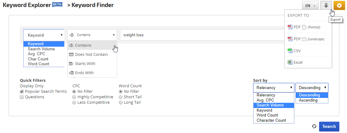 Keyword Finder Filters