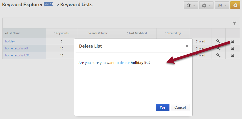 delete keyword list