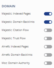 Select Domain Metrics - Google, MajesticSEO, Ahrefs, Moz