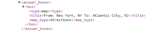 API results for map directions answer box