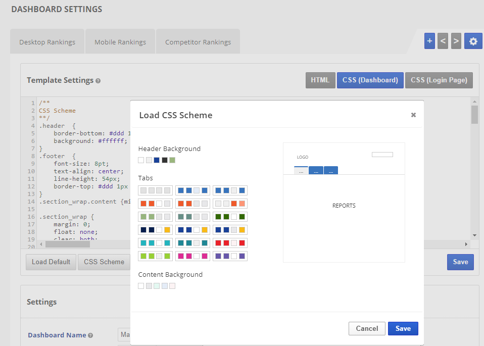 CSS schemes built into marketing dashboard