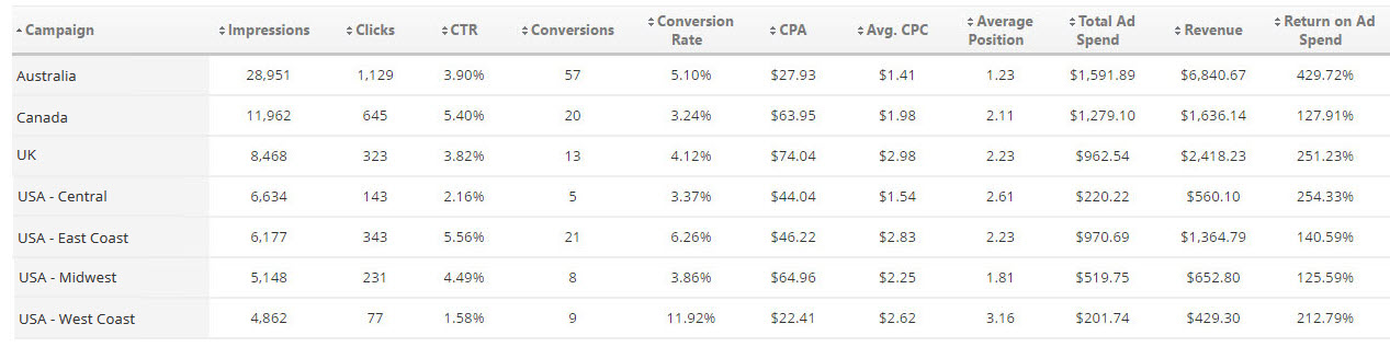 Bing Ads Campaign Metrics Table