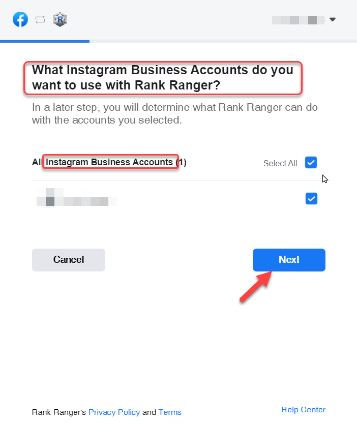 Authorize Rank Ranger to integrate Facebook data