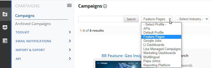 Search or Filter Campaigns by profile or industry