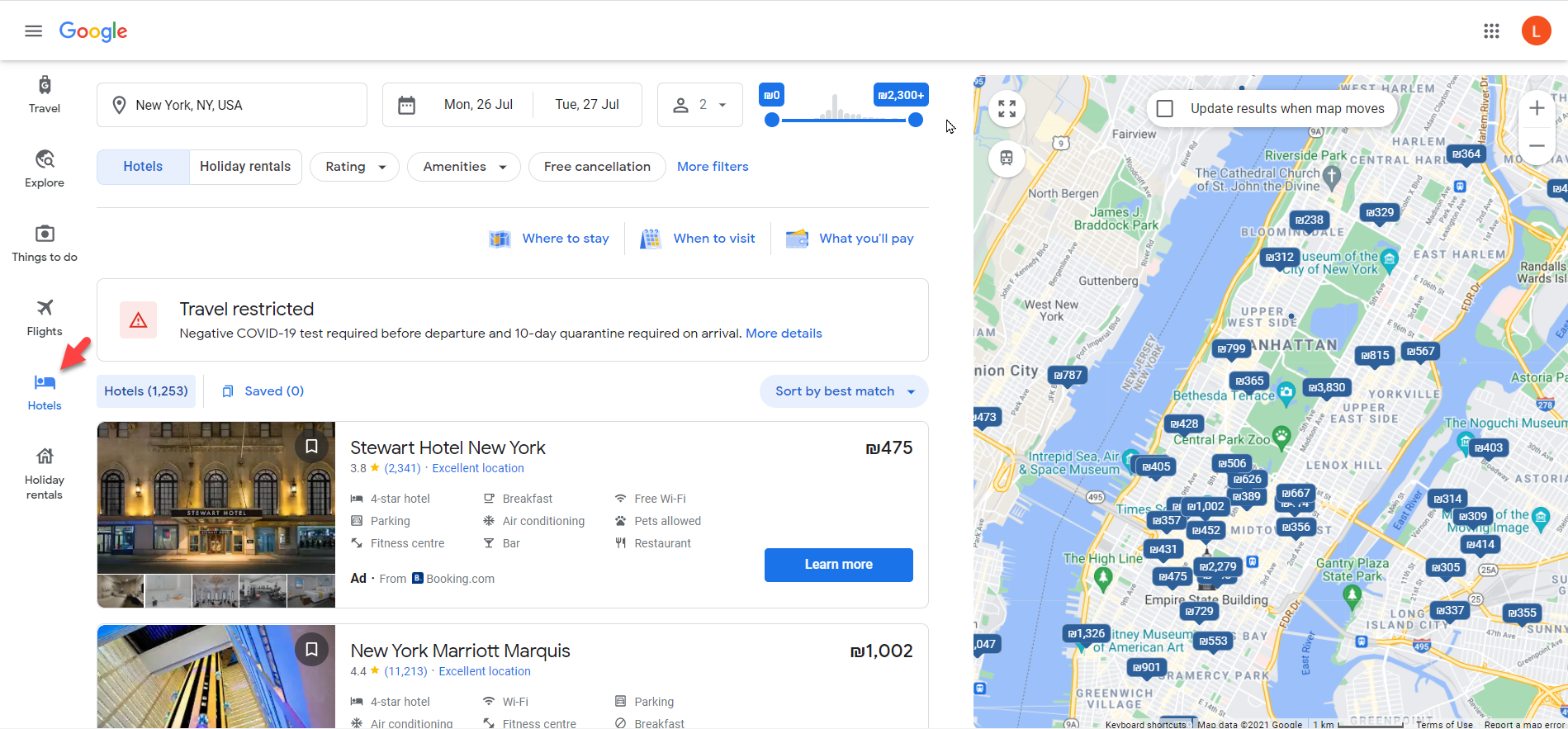 Google Travel Feature