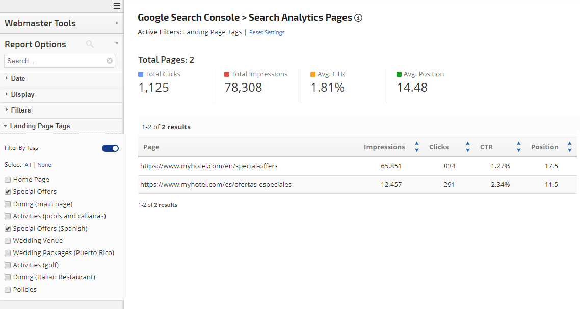 Search Console Landing Page tag filter