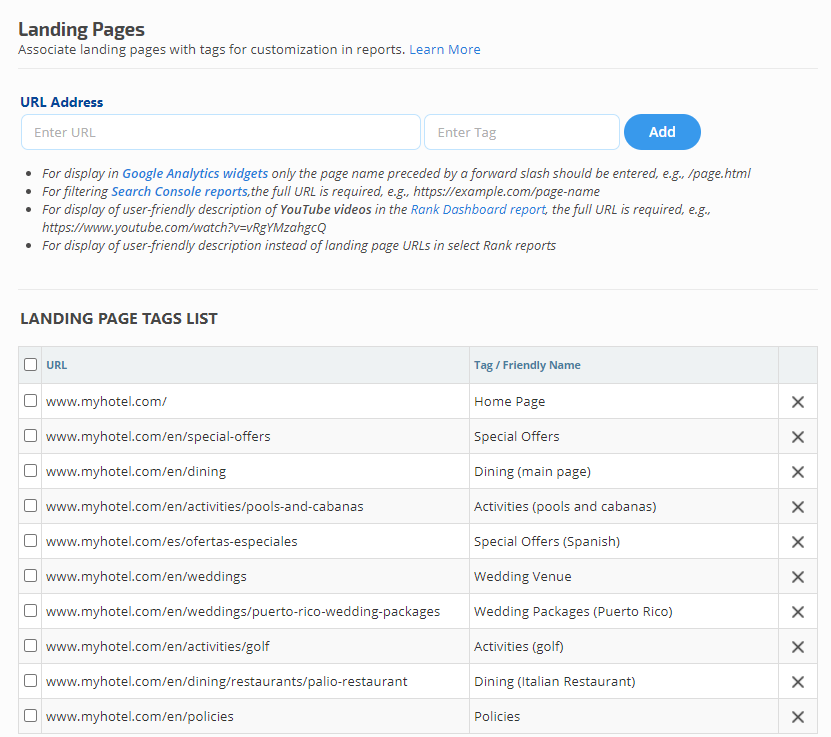 Search Console Landing Page tags