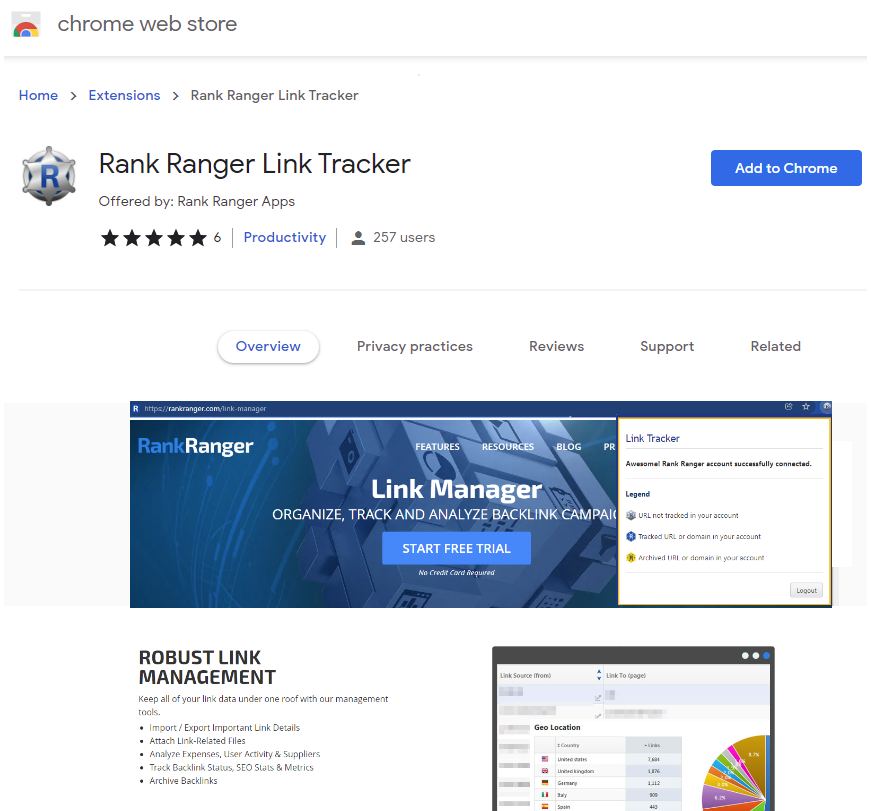 Locate Rank Ranger Link Tracker in Chrome web store