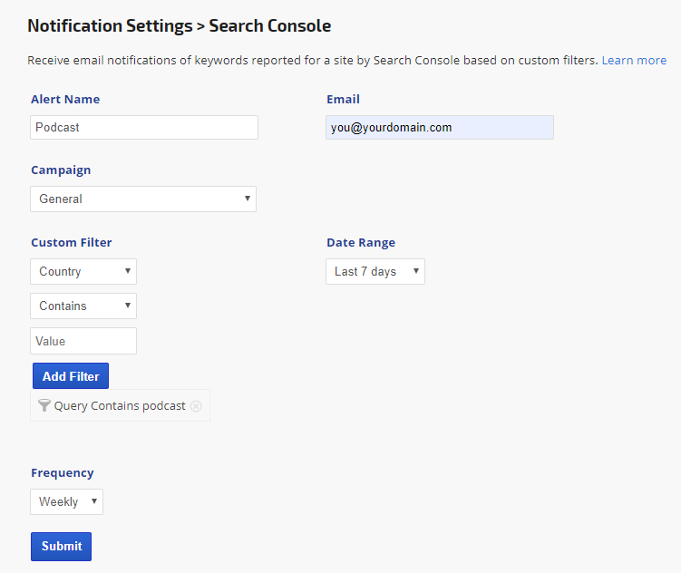Search Console Email Alert Settings