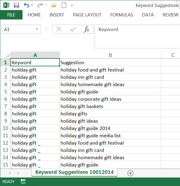 export keyword suggestions to Excel