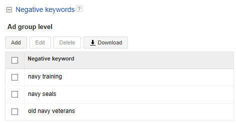 Negative Keywords example